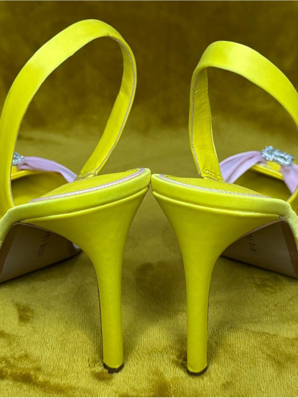 Gianni Bini Yellow and Light Pink Satin Slingback Heels with Crystal Buckle - Picture 5 of 6